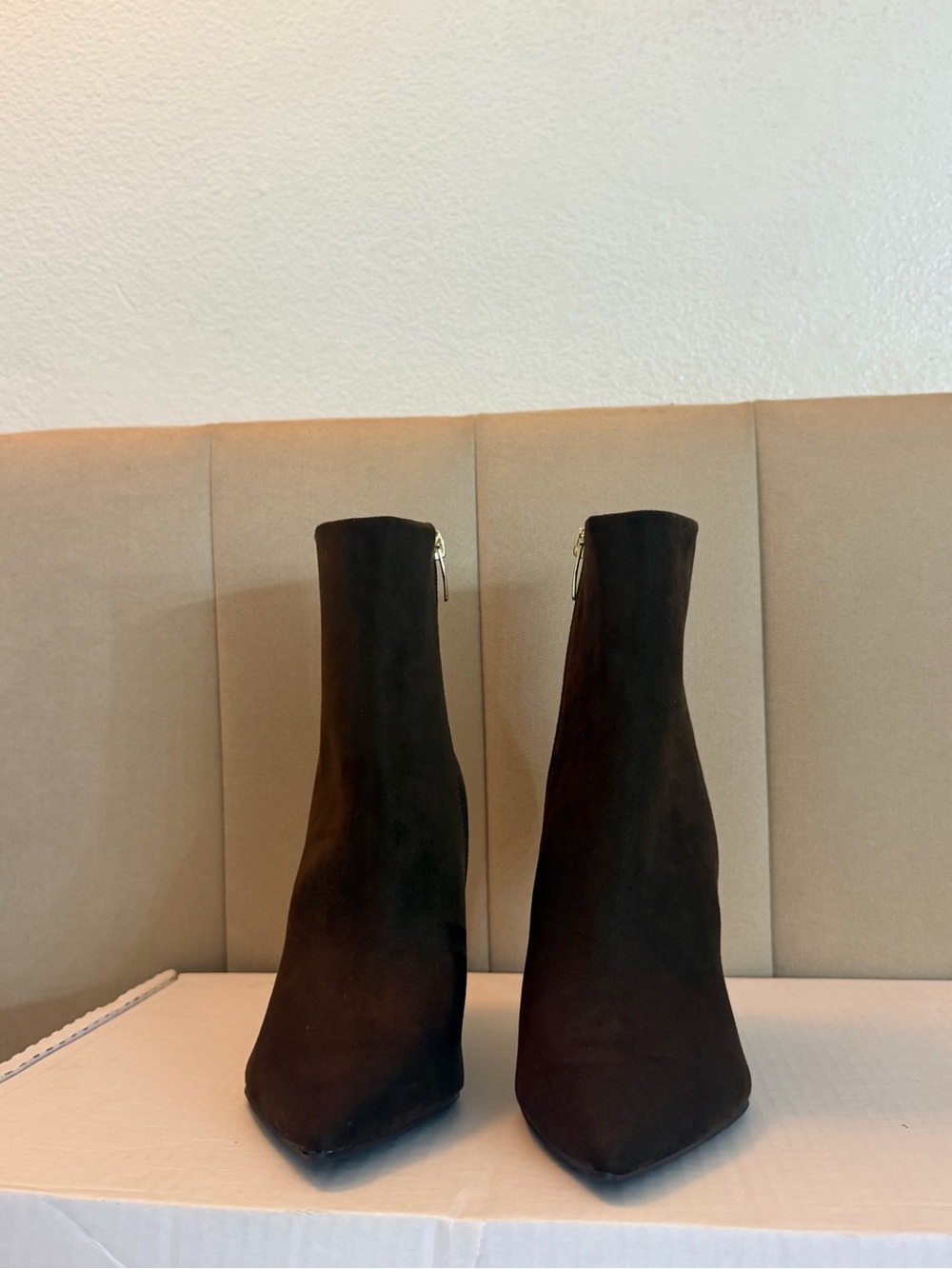 Nine West Brown Suede Pointed Ankle Booties with Gold Zippers
